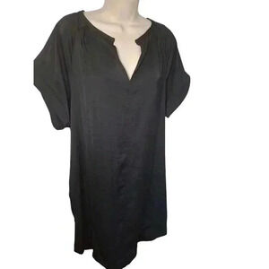 Chico’s Black Satin Tunic Blouse – V-Neck Short Sleeve Top Size Workwear Office
